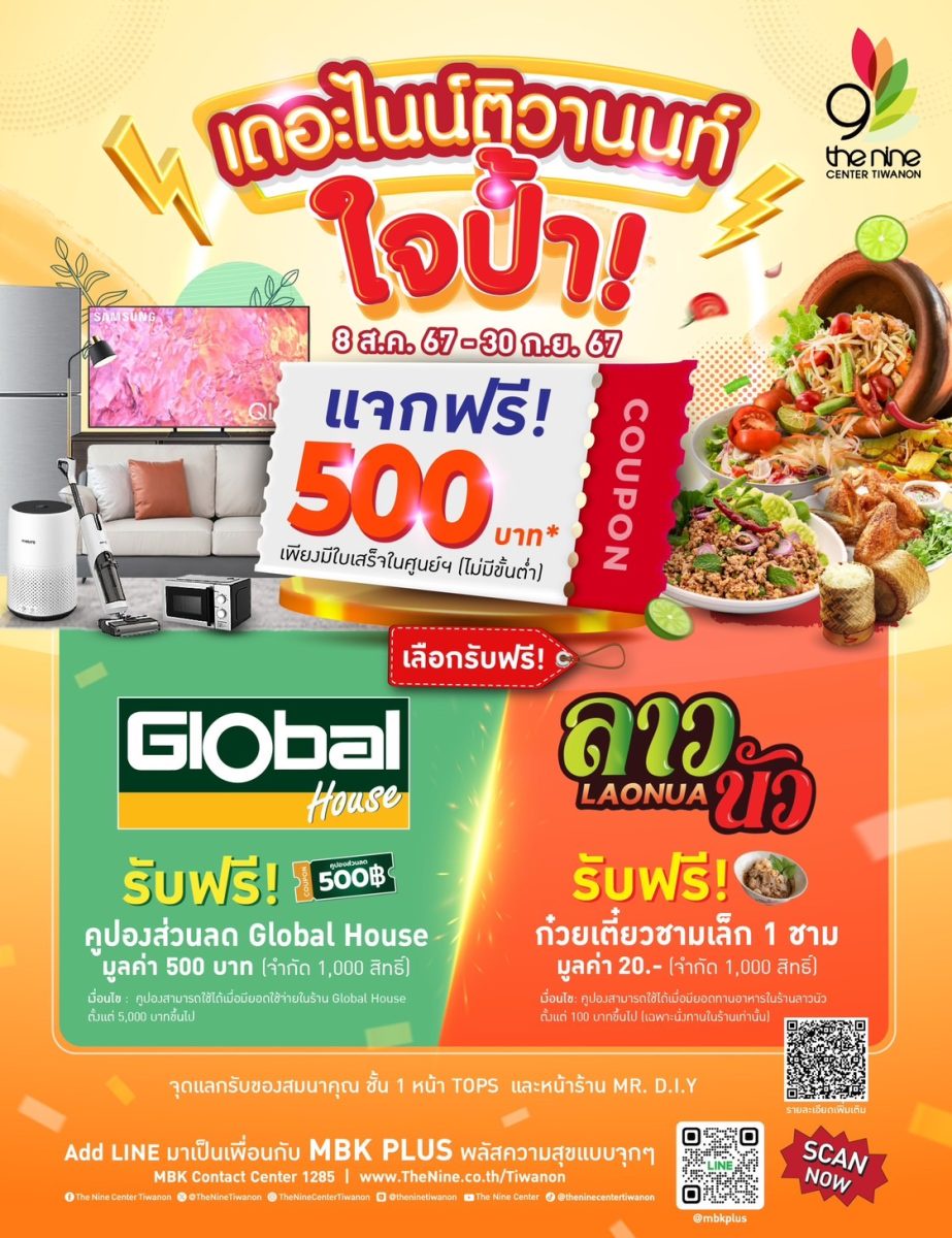 เดอะไนน์ เซ็นเตอร์ ติวานนท์ ใจป้ำ! แจกฟรี 500 บาท ตั้งแต่วันนี้ถึง 30 ก.ย.67