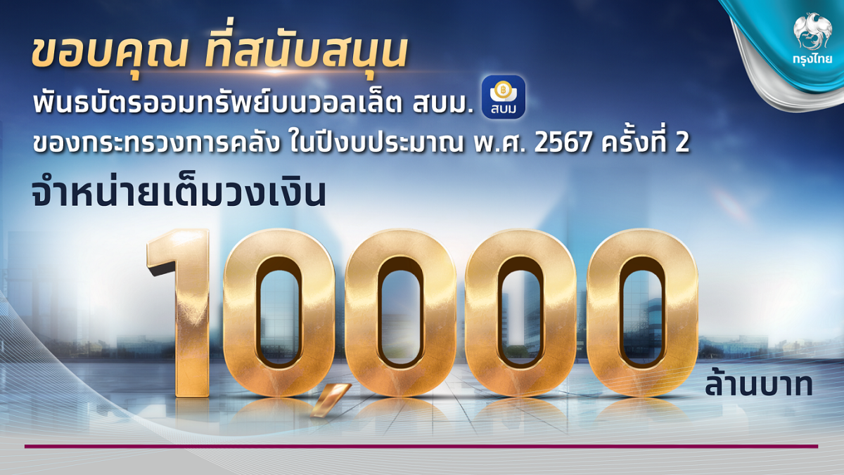 พันธบัตรวอลเล็ต สบม. บนเป๋าตัง จองซื้อเต็ม 10,000 ล้านบาท ตอกย้ำความสำเร็จ พลิกการลงทุนให้เป็นเรื่องง่ายและงอกเงย