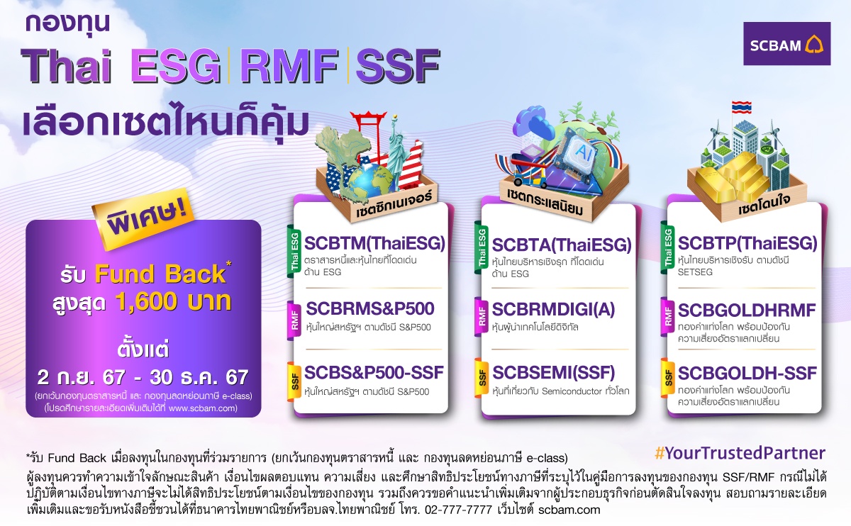 ลจ. ไทยพาณิชย์ จัดเต็ม! ชุดเซตกองทุนลดหย่อนภาษีสุดคุ้ม รวมครบกองทุน Thai ESG - RMF - SSF พร้อมโปรโมชัน Fund Back สูงสุด 1,600 บาท(*) เริ่มตั้งแต่วันที่ 2 กันยายน 2567 ถึง 30 ธันวาคม 2567