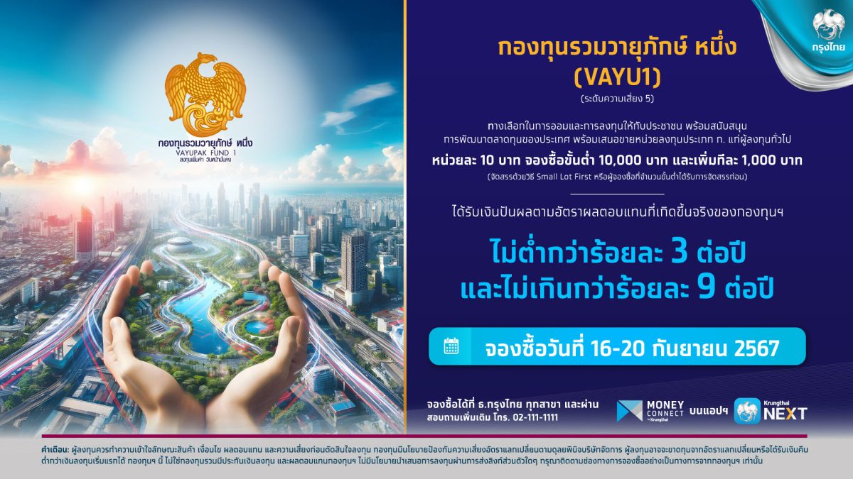 กองทุนรวมวายุภักษ์ หนึ่ง โอกาสรับผลตอบแทน 3-9% ต่อปี จองซื้อผ่าน Krungthai NEXT และสาขากรุงไทยทั่วประเทศ 16-20 ก.ย.นี้