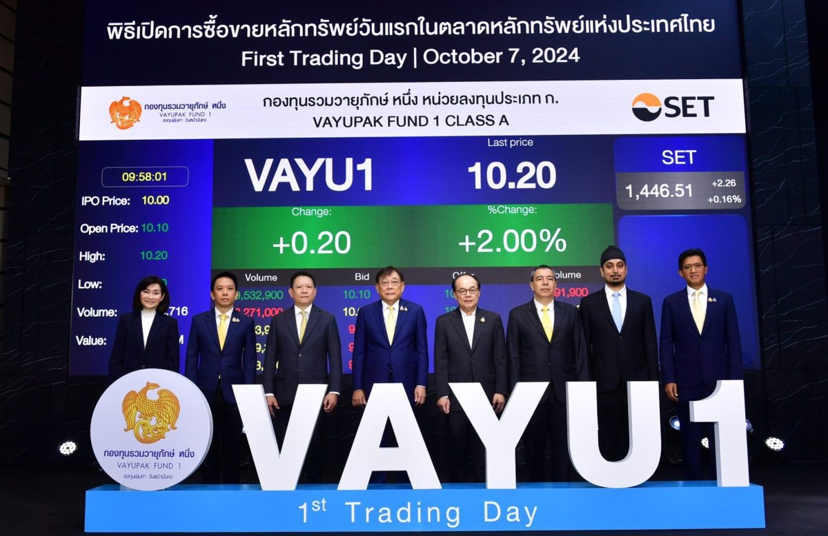 'กองทุนรวมวายุภักษ์ หนึ่ง' หรือ 'VAYU1' นำหน่วยลงทุนประเภท ก. เข้าเทรดวันแรกในตลาดหลักทรัพย์ฯ เดินหน้าสร้างผลตอบแทนที่มั่นคงในระยะยาวให้กับผู้ถือหน่วยลงทุน