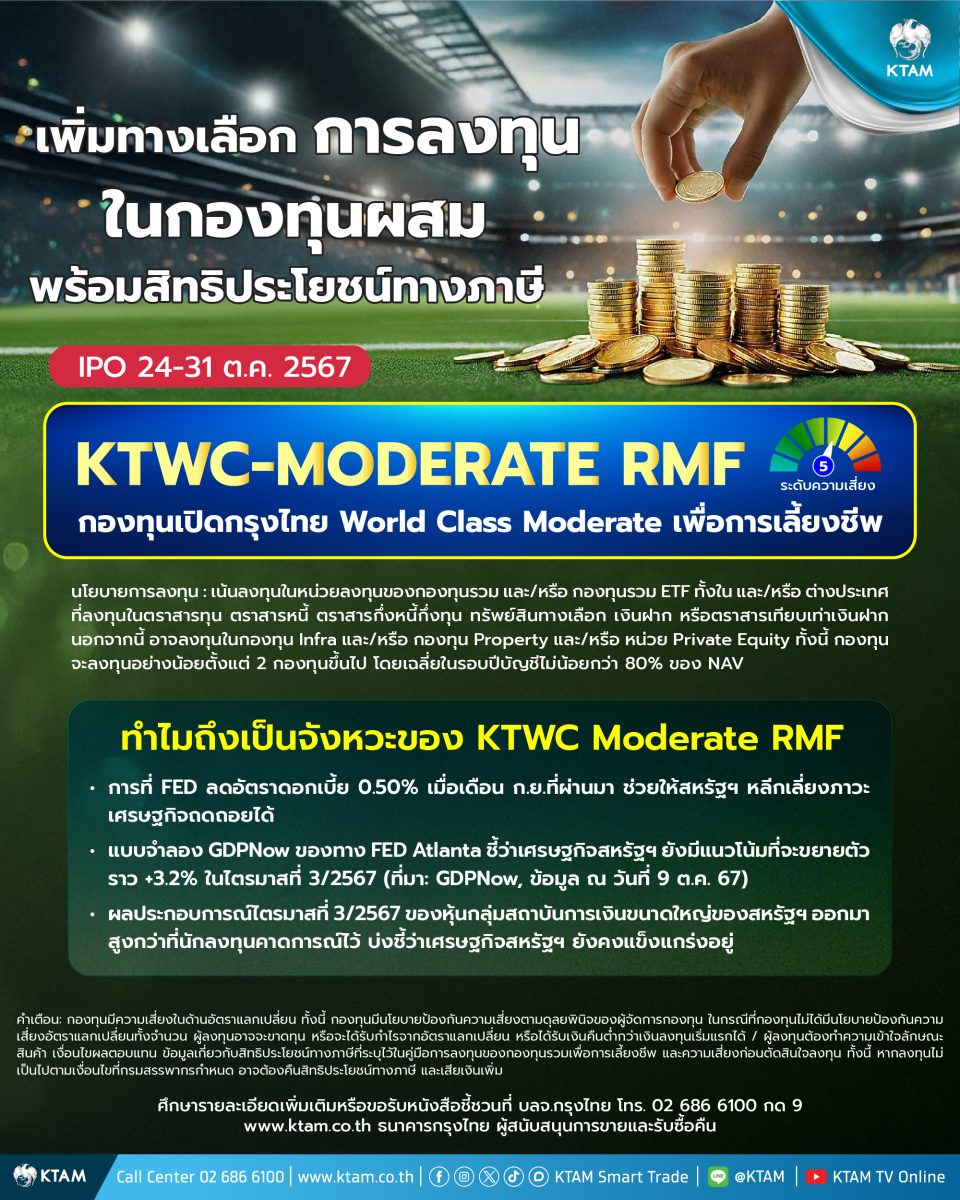 KTAM ส่งกองทุนผสมเสริมพอร์ตพร้อมลดหย่อนภาษี KTWC Moderate RMF IPO 24-31 ต.ค.นี้