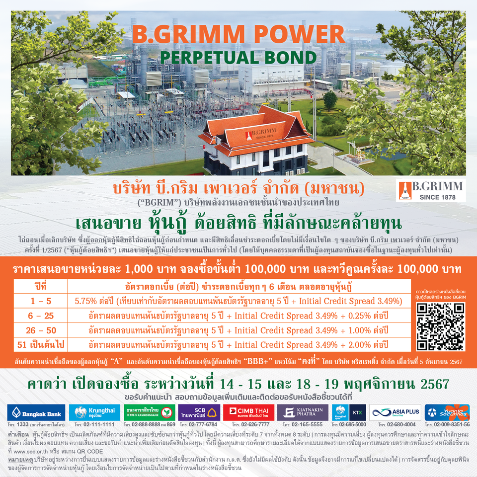 BGRIM เคาะดอกเบี้ยหุ้นกู้ด้อยสิทธิที่มีลักษณะคล้ายทุนฯ 5 ปีแรกที่ 5.75% ต่อปี ตอบโจทย์การลงทุนระยะยาว