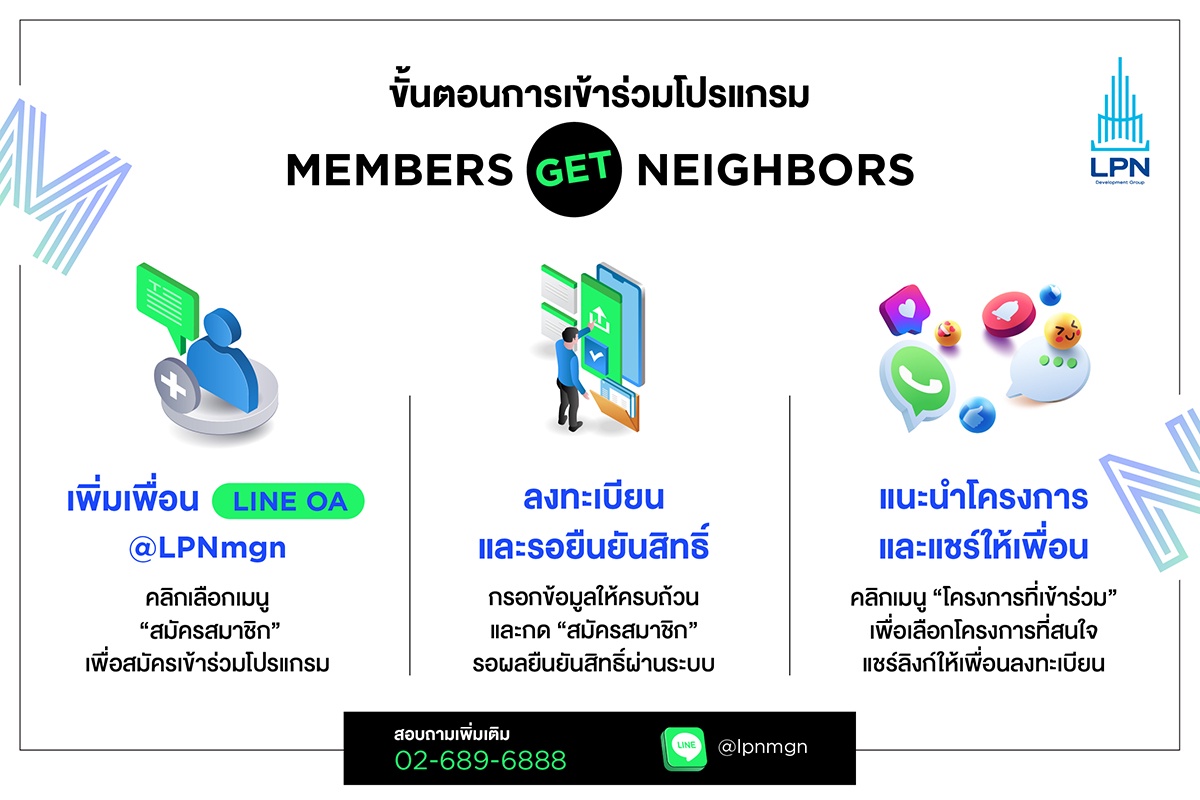 ขายได้ให้จริง! โอกาสรับเงิน 1,000,000 บาท* ง่ายๆ กับโปรแกรม #MembersGetNeighbors สิทธิพิเศษเฉพาะลูกค้า LPN เพียงแนะนำเพื่อนจองซื้อโครงการฯ