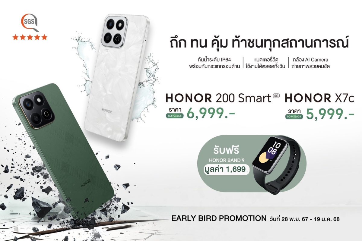 เปิดตัว !! HONOR X7c และ HONOR 200 Smart 5G สมาร์ตโฟนที่ถึก ทน คุ้ม ท้าชนทุกสถานการณ์ เริ่มต้นเพียง 5,999 บาท