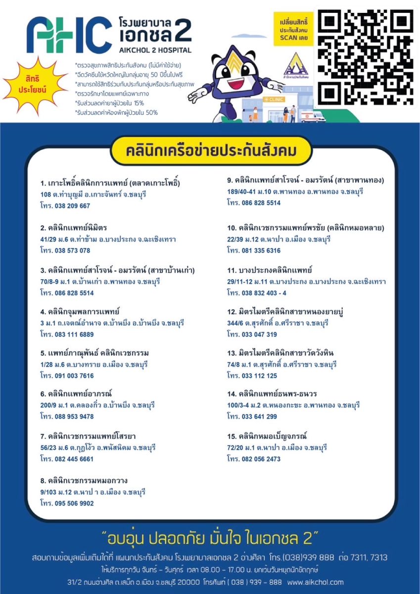 โรงพยาบาลเอกชล2 เปิดรับผู้ประกันตน ปี 2568 ผ่านช่องทางการเปลี่ยนโรงพยาบาลประจำปี