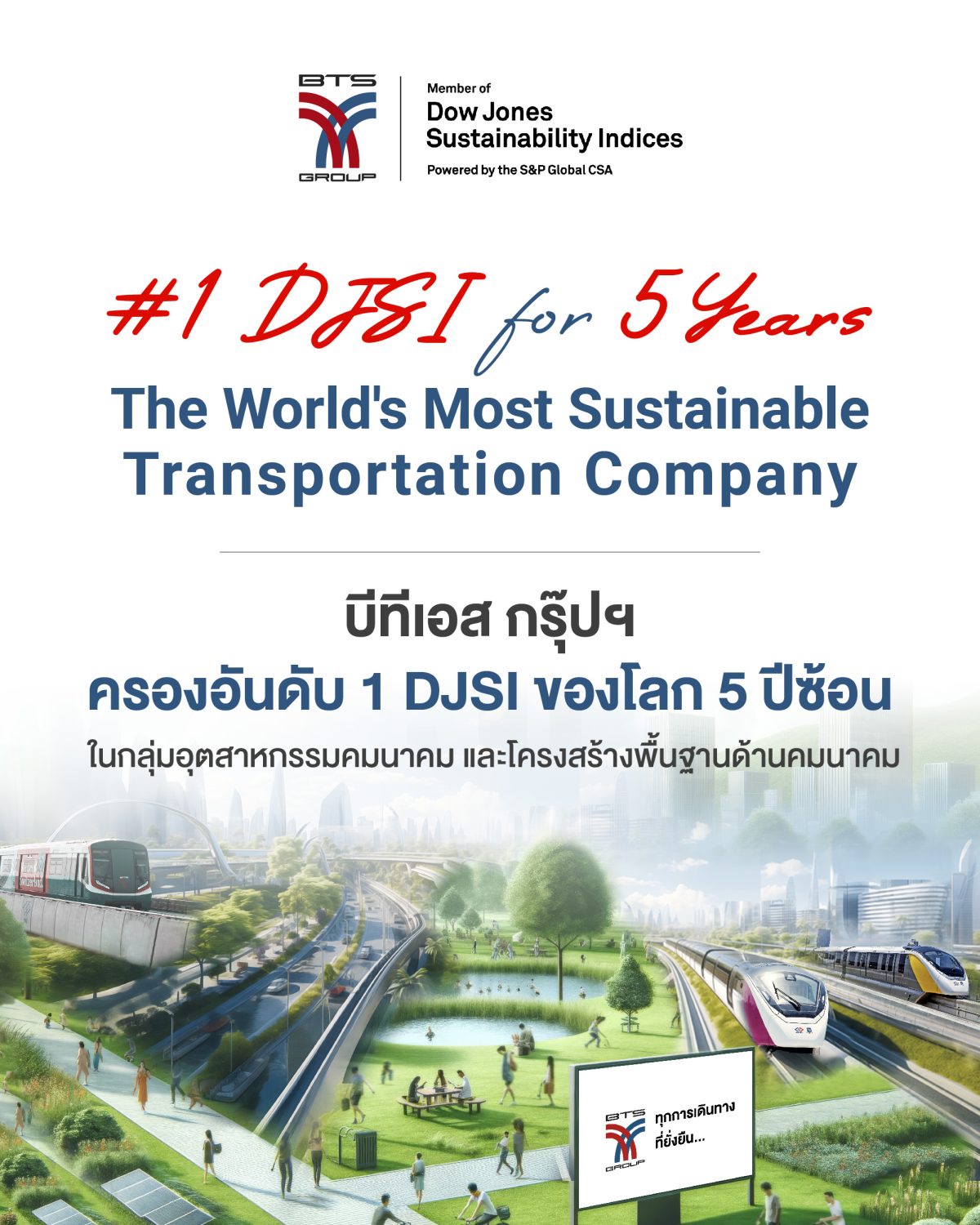 BTS Group celebrates its place as the World's Most Sustainable Transportation Company for the fifth consecutive year along with its inclusion within the Dow Jones Sustainability Indices or DJSI for the seventh consecutive year