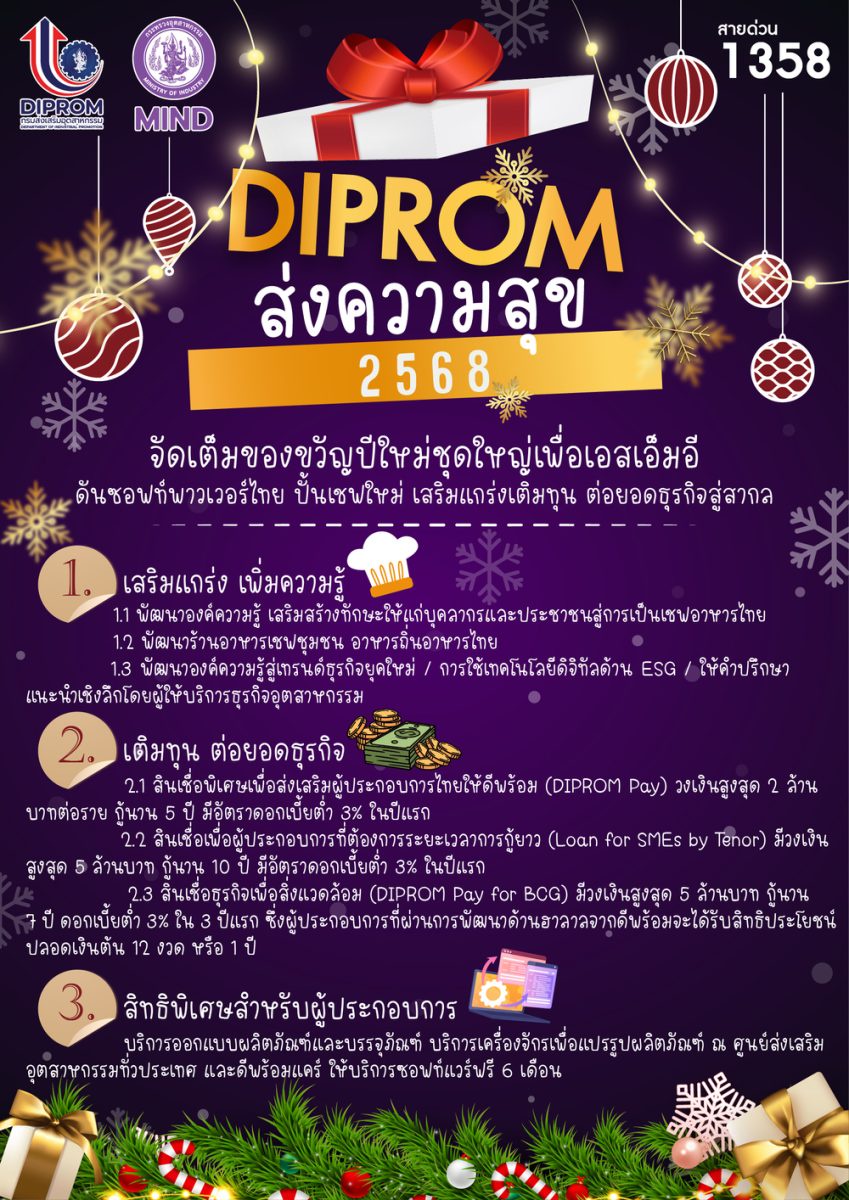 ดีพร้อม ขานรับนโยบาย รมว.เอกนัฏ จัดเต็มของขวัญปีใหม่ชุดใหญ่เพื่อเอสเอ็มอี ดันซอฟท์พาวเวอร์ไทย ปั้นเชฟใหม่ เสริมแกร่งเติมทุน ต่อยอดธุรกิจสู่สากล