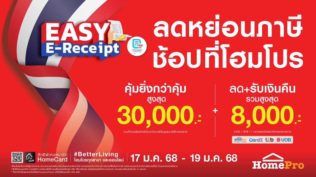 โฮมโปร จัดโปรฯ รับ Easy E-Receipt ช้อปสนุกลดหย่อนภาษีได้ รับสิทธิ์ส่วนลด เงินคืนสูงสุด 8,000 บาท!