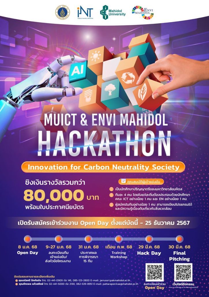 การแข่งขัน MUICT ENVI Mahidol Hackathon 2025 ภายใต้หัวข้อ : Digital Innovation for Carbon Neutrality Society