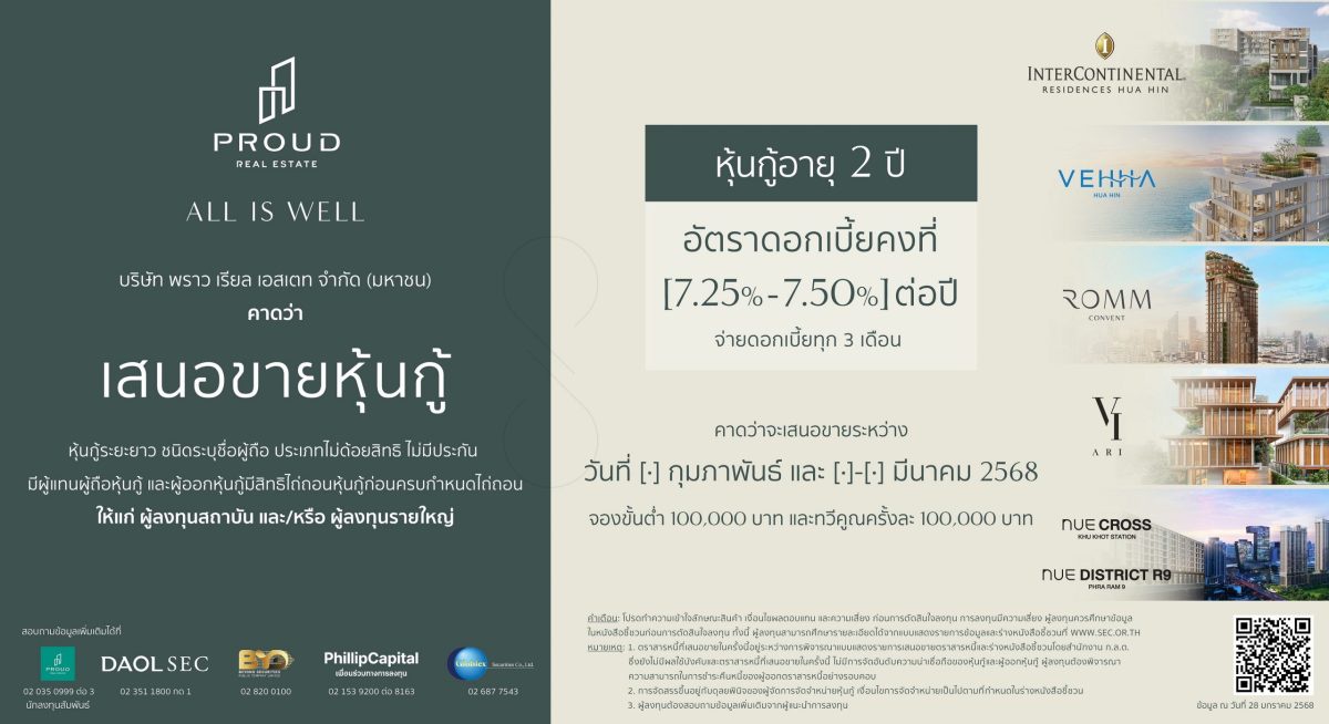 PROUD ชูหุ้นกู้ดอกเบี้ยแรง 7.25-7.50% พร้อมเสริมทัพขยายธุรกิจระดับลักชัวรี โอกาสสร้างผลตอบแทนสูงจากแบรนด์อสังหาฯ ชั้นนำ