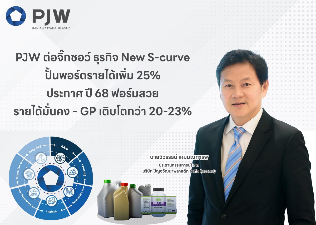 PJW ต่อจิ๊กซอว์ ธุรกิจ New S-curve ปั้นพอร์ตรายได้เพิ่ม 25% ประกาศ ปี 68 ฟอร์มสวย รายได้มั่นคง - GP เติบโตกว่า 20-23%