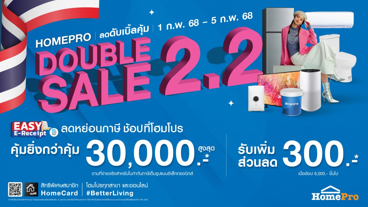 เทศกาลลดดับเบิ้ลคุ้ม ครั้งแรกของปี !! HOMEPRO DOUBLE SALE 2.2 ดีลดับเบิ้ลคุ้ม ช้อปลดหย่อนภาษี 1-5 ก.พ. 68 นี้ (5 วันเท่านั้น!) ที่โฮมโปร