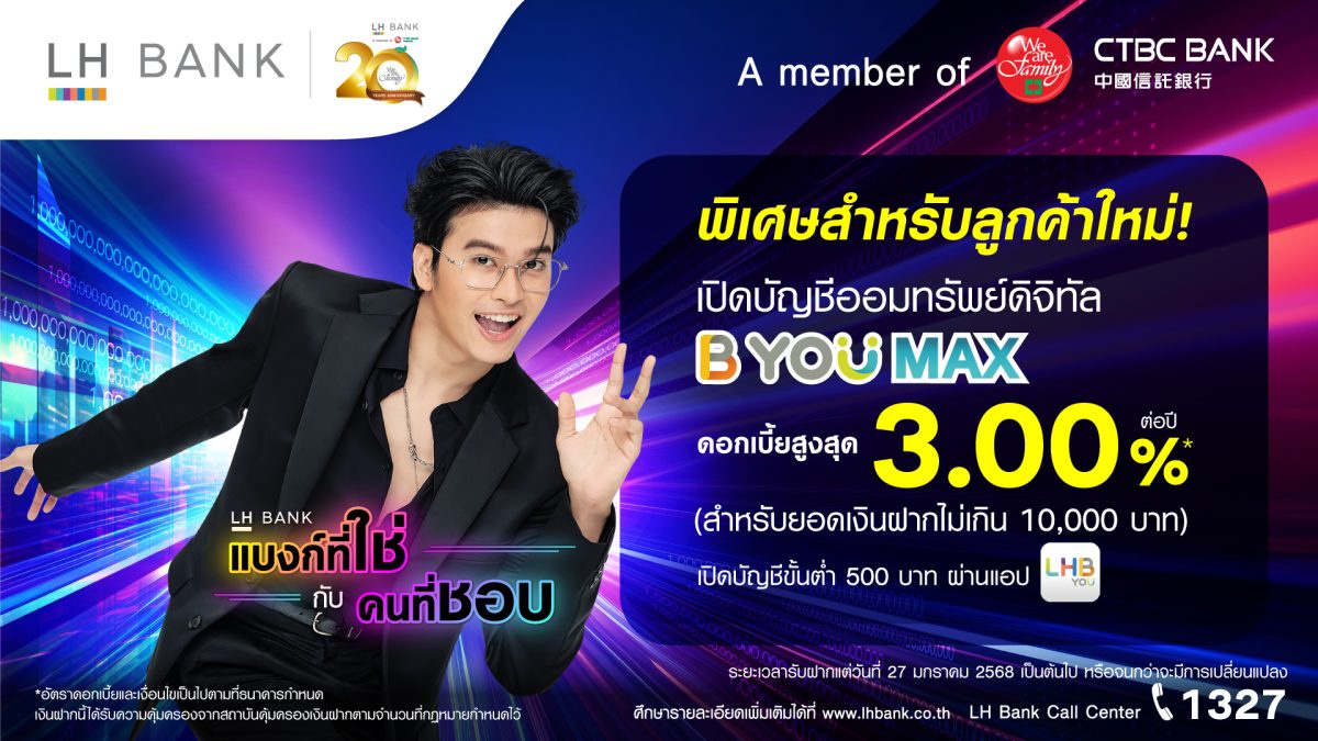 LH Bank รุกตลาดเงินฝากลูกค้ารายย่อย ออกบัญชีออมทรัพย์ดิจิทัล บียู แม็กซ์ ดอกเบี้ยสูง 3.00%* ต่อปี