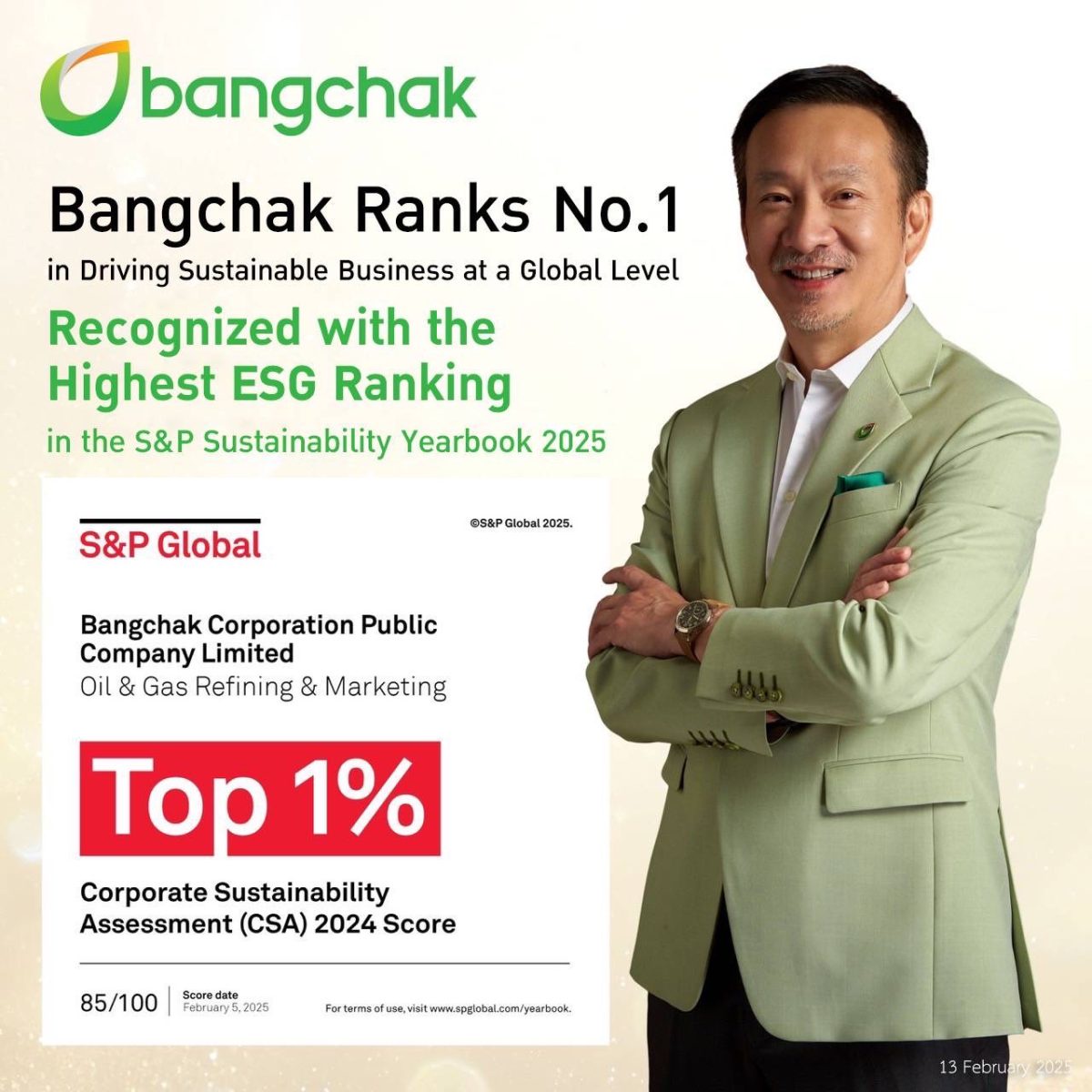 Bangchak Recognized in the Top 1% for Sustainability Ranks No.1 in the Global SP Sustainability Yearbook 2025 for the Oil Gas Refining and Marketing Industry