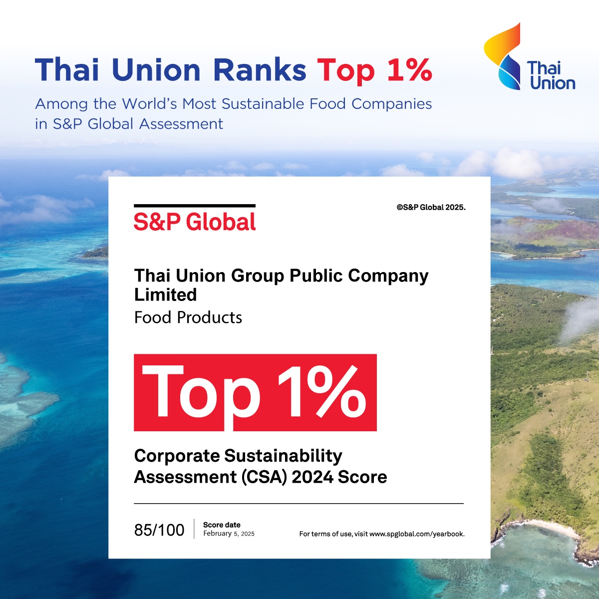 Thai Union Ranks Top 1% Among the World's Most Sustainable Food Companies in SP Global Assessment